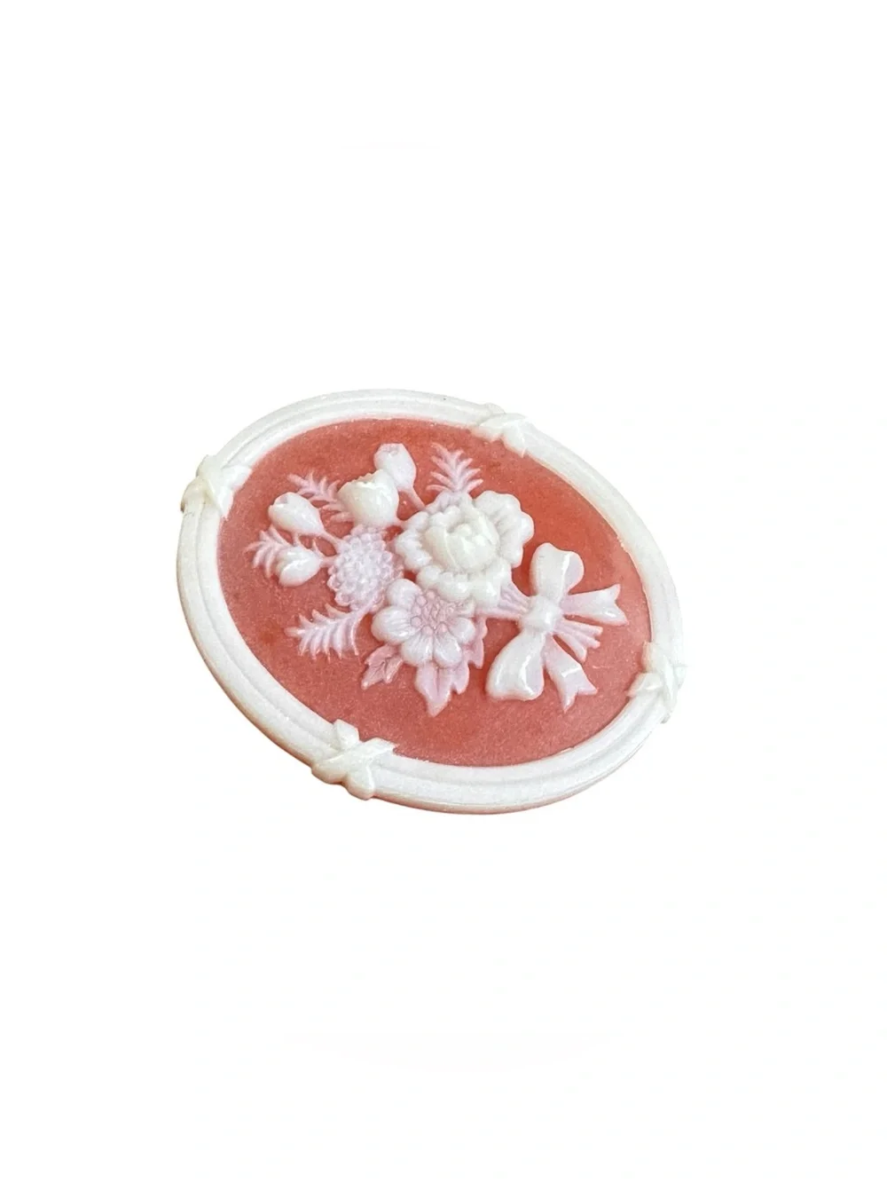 Avon Floral Cameo Brooch Pin Pink White Flowers Bow Oval 1 ½”